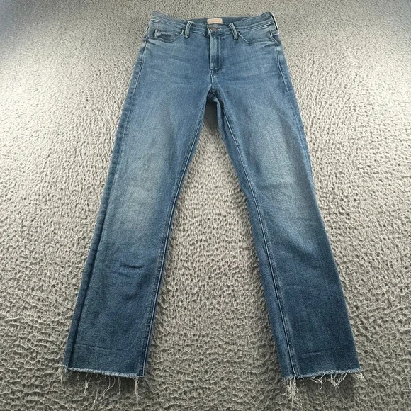 MOTHER Mid-Blue Frayed Hem Ankle Jeans - Picture 1 of 15